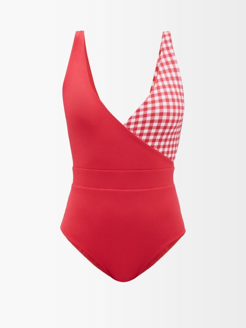 Cossie + Co - The Ashley Gingham-check Piqué-effect Swimsuit - Womens - Red Print