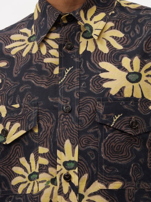 Nanushka Zander Floral-print Linen-blend Shirt In Floral/black