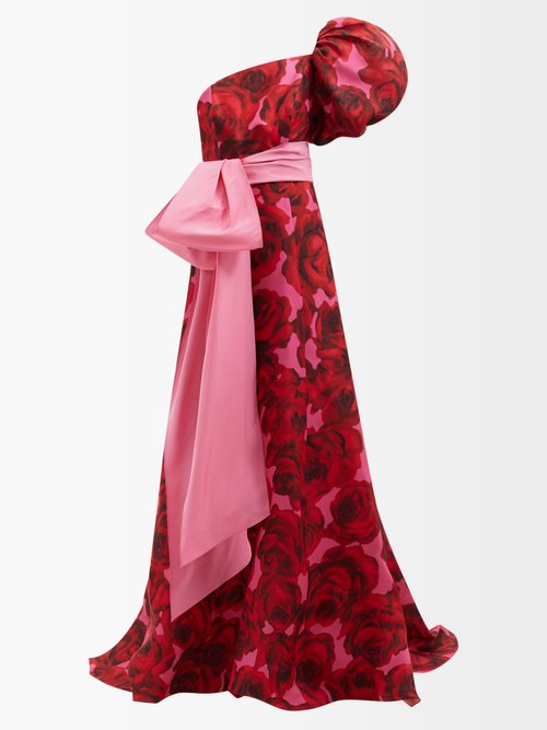 Carolina Herrera One-shoulder Rose Garden-print Silk Gown