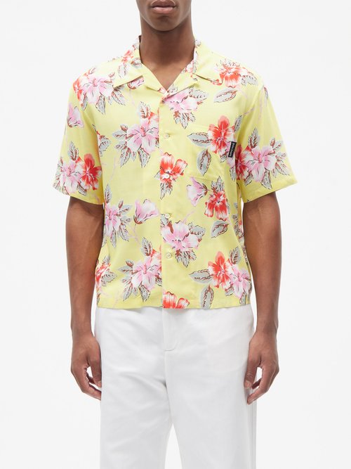 Palm Angels - Hibiscus-print Satin Bowling Shirt - Mens - Yellow White