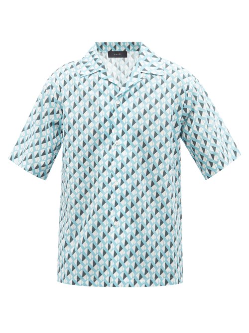 Cuban-collar A-print Cotton-poplin Shirt