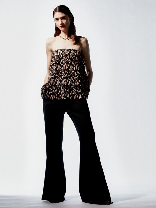 Black Jaguar-embroidered silk strapless top, Raey