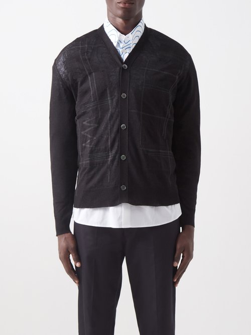 Junya Watanabe Patchwork-embroidered Linen Cardigan In Black Multi