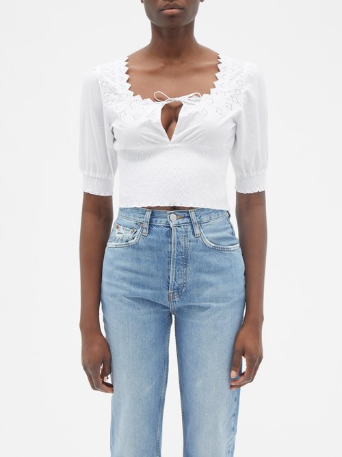 Erl - Tie-front Smocked Cotton Cropped Top White