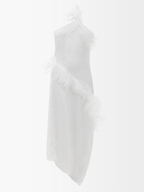 Marques'Almeida Feather-embellished Linen-blend Midi Dress
