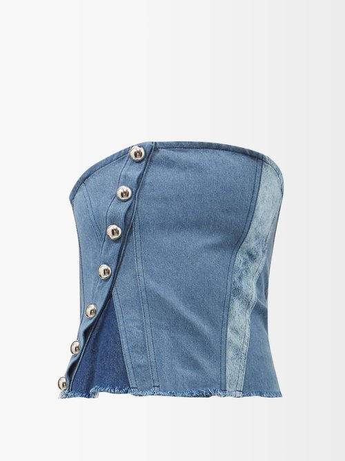 Marques'Almeida Patchwork Recycled-denim Strapless Top