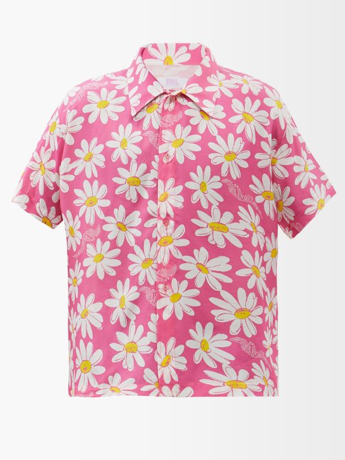 Erl - Daisy-print Twill Short-sleeved Shirt - Mens - Pink