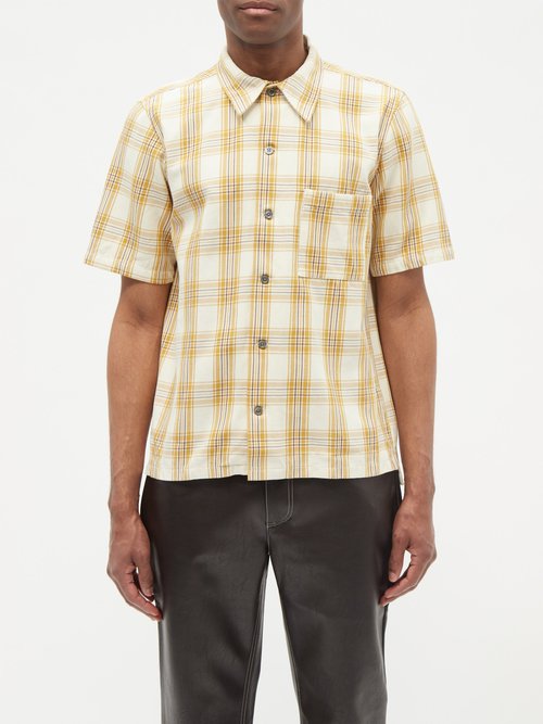 Sunflower - Spacey Checked Cotton-blend Short-sleeved Shirt - Mens - Yellow Multi