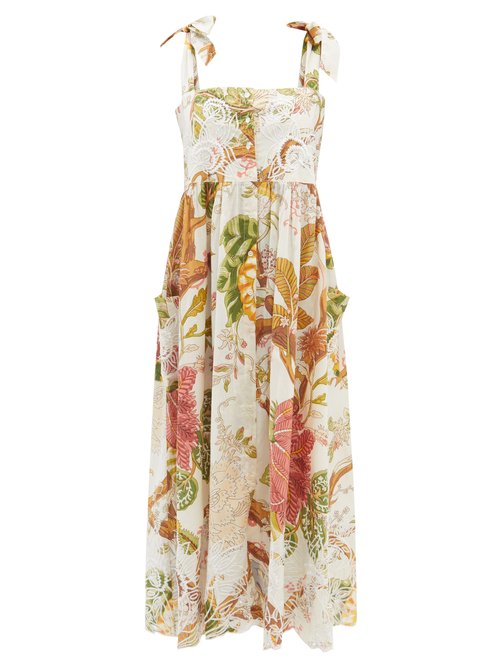 Juliet Dunn Embroidered Floral-print Cotton-voile Midi Dress