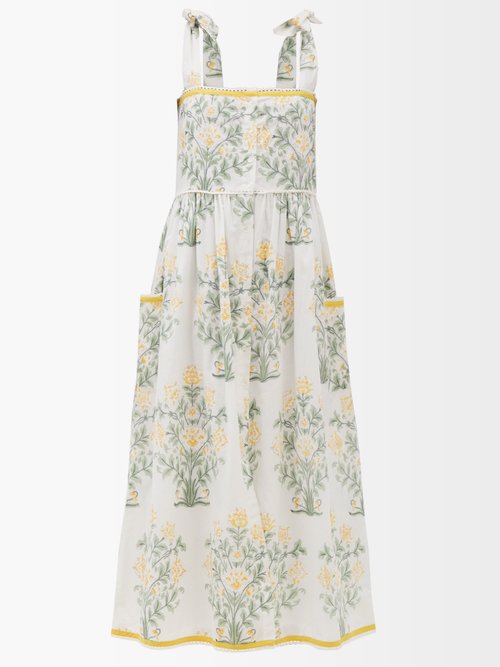 Juliet Dunn Tie-shoulder Floral-print Cotton Midi Dress