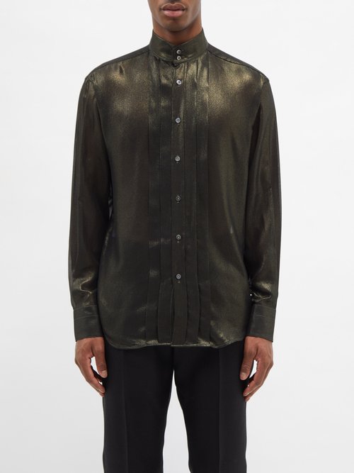 Tom Ford - Pleated Silk-lamé Shirt - Mens - Black Multi