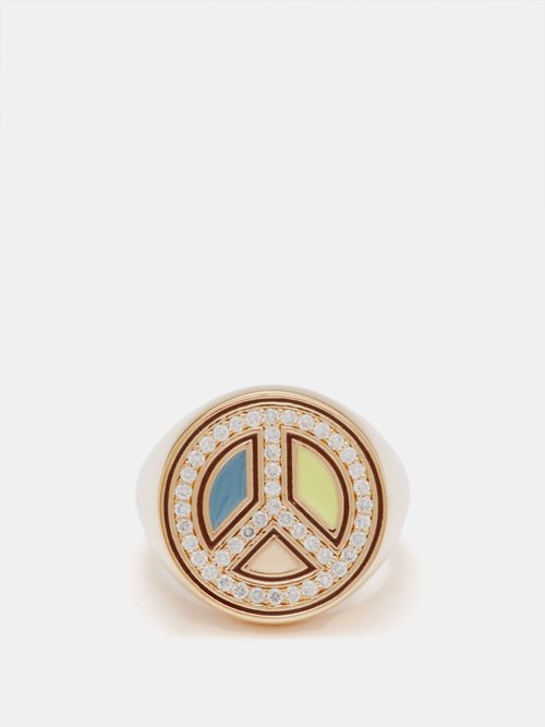 Alison Lou Peace Out Diamond, Enamel & 14kt Gold Signet Ring