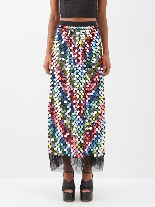 Chevron-sequinned Chantilly-lace Midi Skirt