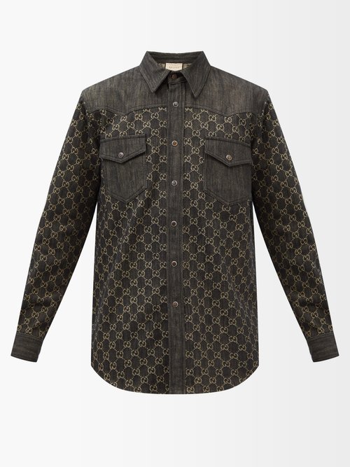 Gucci Gg-logo Jacquard Denim Shirt In Black Multi
