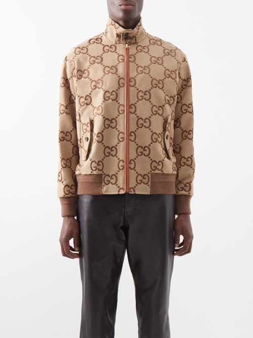 GUCCI Logo-Jacquard Leather-Trimmed Cotton-Blend Canvas Bomber Jacket for  Men