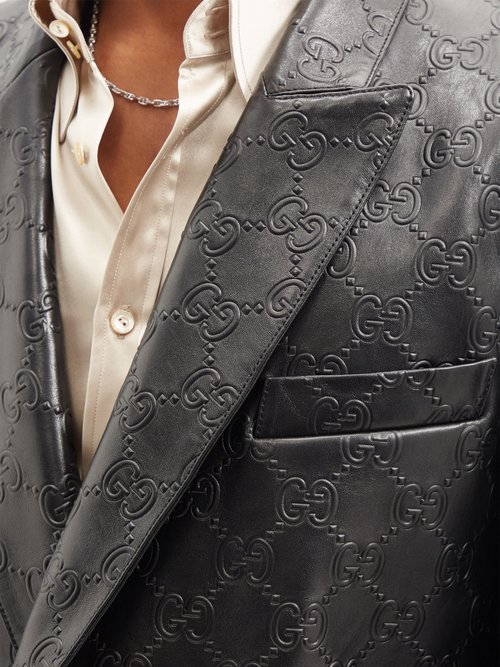Gucci Double-breasted Logo-embossed Leather Blazer In Black