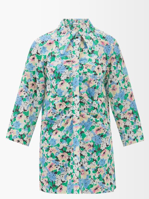 Ganni Floral-print Organic Cotton-poplin Shirt In Blue | ModeSens