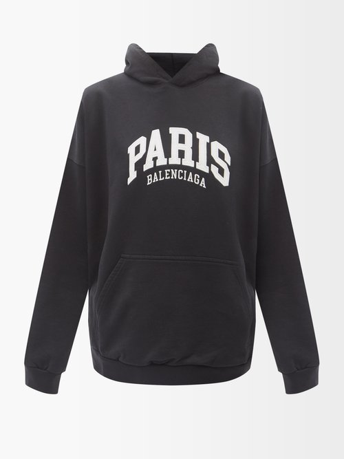 Balenciaga - Paris Embroidered Cotton-jersey Hooded Sweatshirt Black