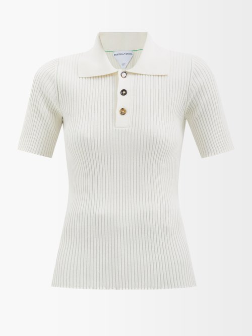 Bottega Veneta Ribbed-knit Linen-blend Polo Shirt In Ivory