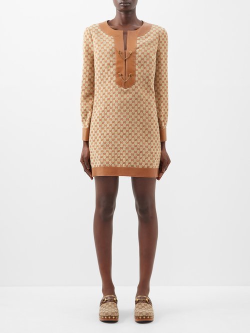 Gucci - GG-monogram Leather-trim Linen-blend Mini Dress Beige