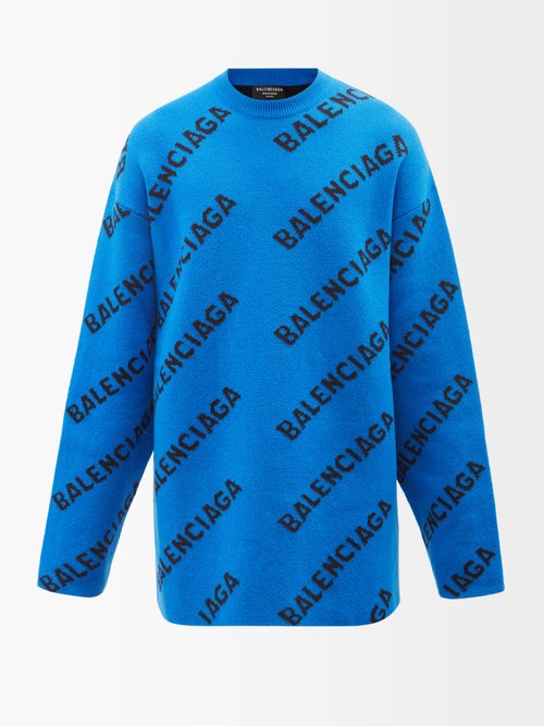 Balenciaga Monogram Logo Wool Blend Sweater Mens Blue