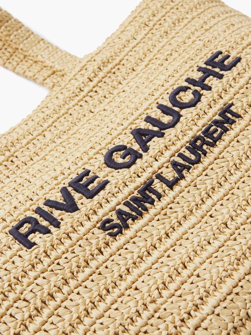 Shop Saint Laurent Rive Gauche Logo-embroidered Raffia Tote Bag In Beige Multi