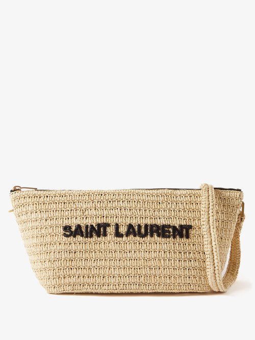 Beige Uptown YSL-plaque faux-raffia leather-trim pouch, Saint Laurent