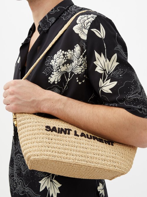 Beige YSL-plaque faux-raffia crochet tote bag, Saint Laurent
