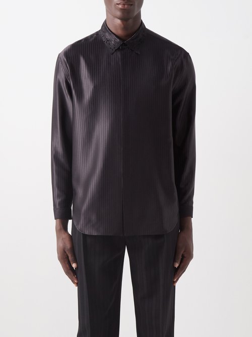 Saint Laurent - Guipure-lace Collar Silk-satin Shirt - Mens - Black