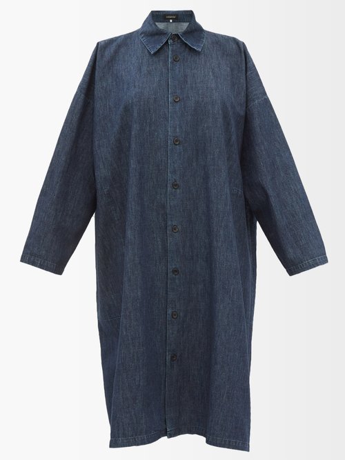 Eskandar Denim Midi Shirt Dress In Dark Denim | ModeSens
