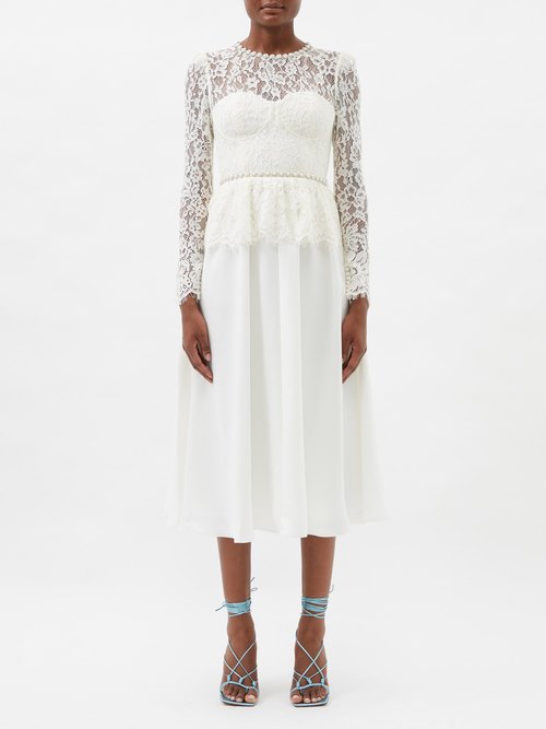 Self-portrait - Faux-pearl Embellished Lace And Crepe Dress White