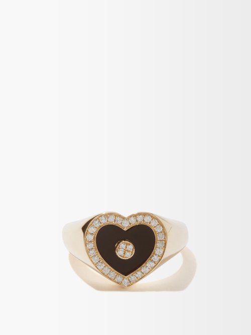 Anissa Kermiche – Heart Love Diamond, Onyx & 14kt Gold Ring – Womens – Yellow Gold
