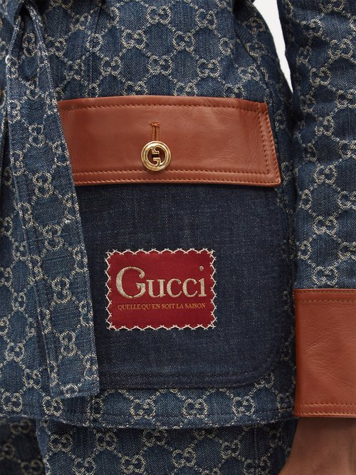 GUCCI - Leather-Trimmed Logo-Jacquard Denim Jeans - Blue Gucci