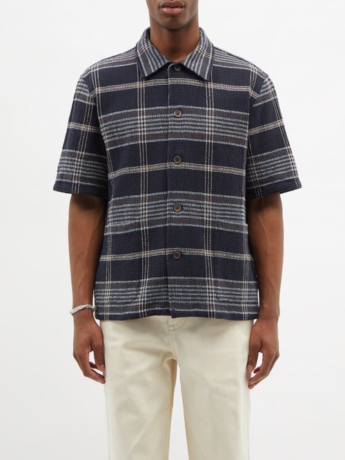 Our Legacy - Elder Checked Cotton-blend Short-sleeved Shirt - Mens - Navy