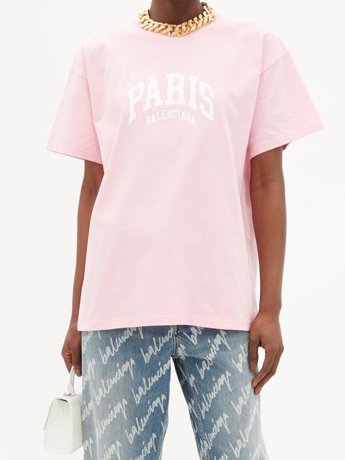Balenciaga Paris Logo-print Cotton-jersey T-shirt In Pink White | ModeSens