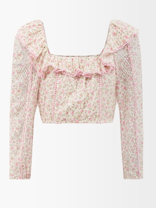 Loveshackfancy - Dorabella Floral-print Crinkled-cotton Crop Top Pink Print