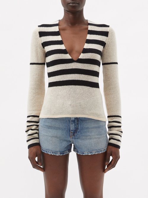 Khaite - Ivy V-neck Striped Cashmere Sweater - Womens - Black White