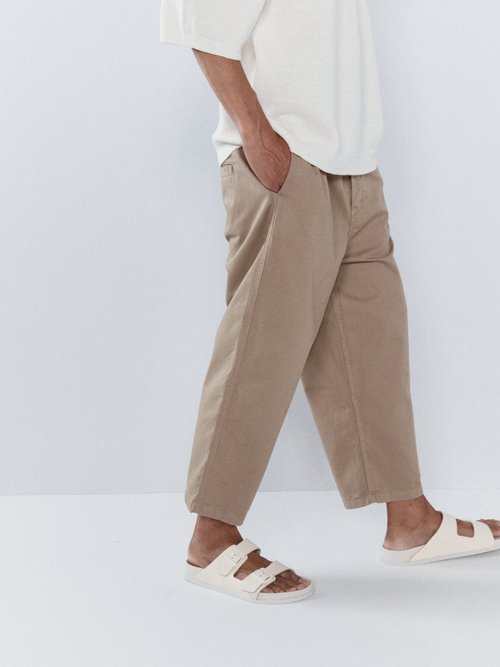 Gathered-waist Organic-cotton Chino Trousers In Khaki