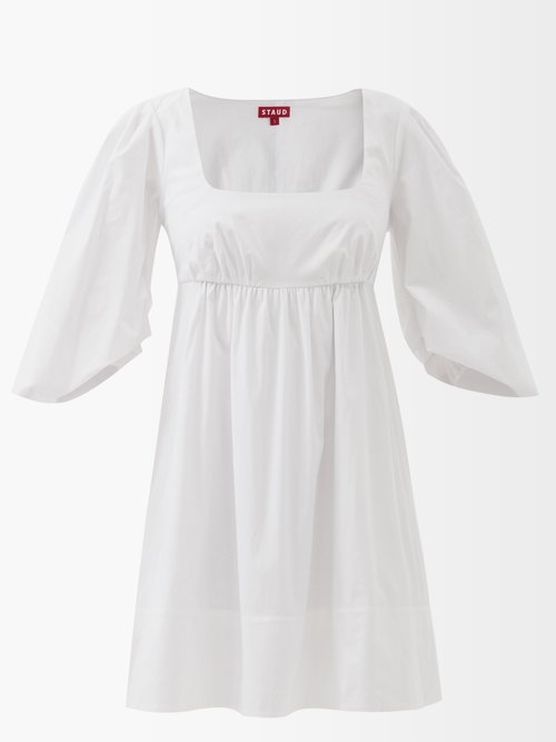 Staud - Sophie Puff-sleeve Cotton-blend Poplin Mini Dress White