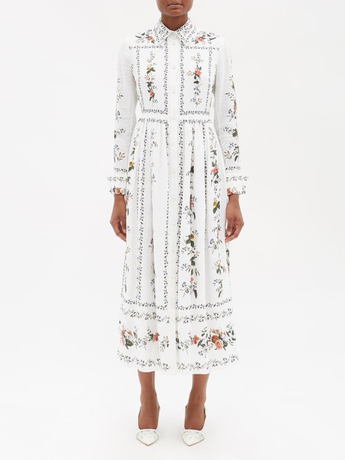 Erdem – Cora Floral-print Linen Shirt Dress White Multi