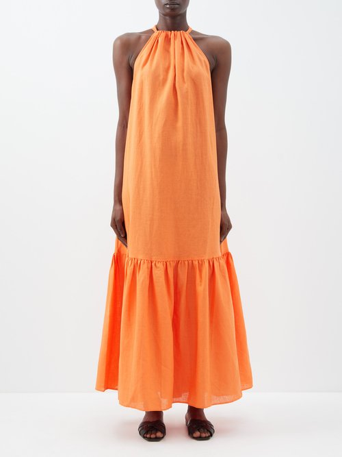 asceno - ibiza fluted organic-linen voile maxi dress womens orange