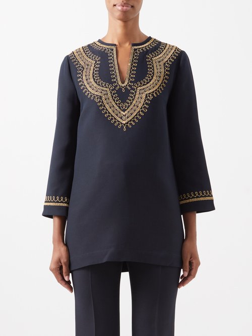 Nili Lotan Karine Embroidered Wool And Silk-blend Tunic In Black Gold