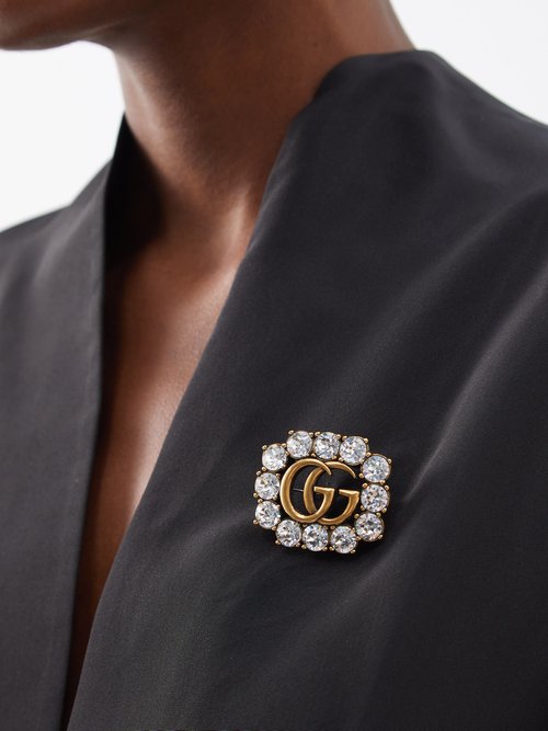 Gucci GG Marmont Gold-Tone Crystal Brooch - Silver - One Size