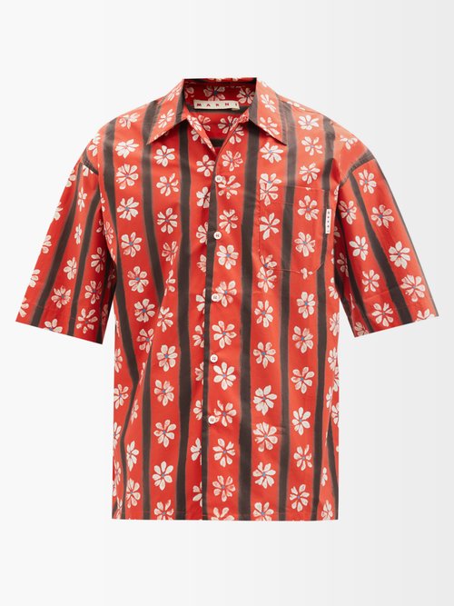 Marni - Daisy Lane-print Cotton-poplin Bowling Shirt - Mens - Red Multi