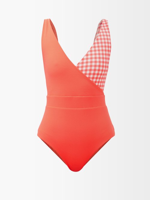 Cossie + Co - The Ashley V-neck Gingham Swimsuit - Womens - Coral