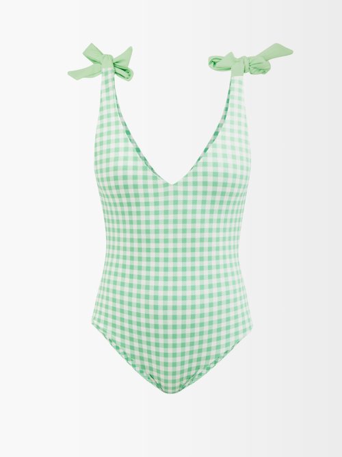 Cossie + Co - The Nikkie Gingham Halterneck Swimsuit - Womens - Green Print