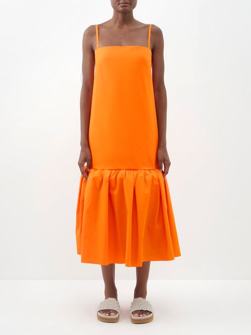 Another Tomorrow - Gathered Flounce-hem Organic-cotton Dress Orange
