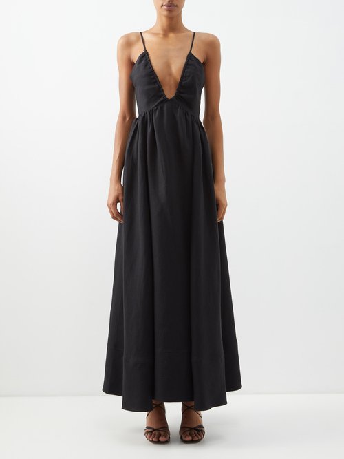 Another Tomorrow - Plunge-front Halterneck Organic-linen Dress Black