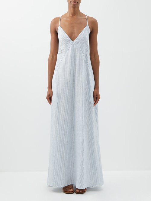 Another Tomorrow - Striped Organic-linen Voile Maxi Dress Blue Stripe