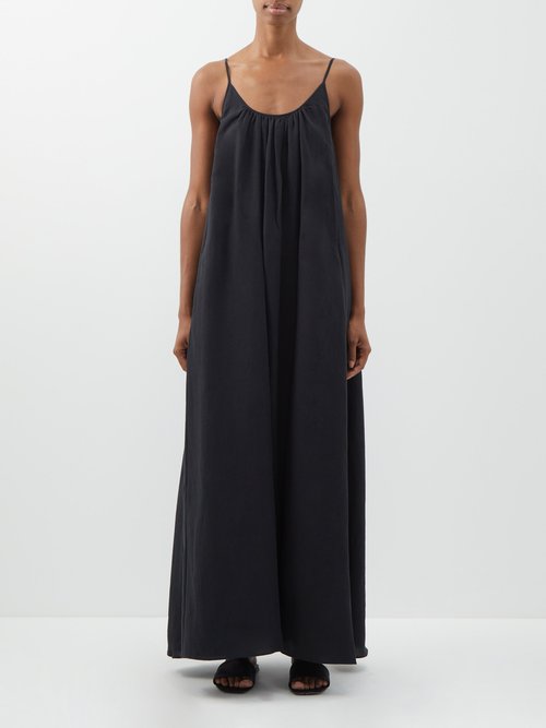 Another Tomorrow - Gathered Organic-linen Cambric Maxi Dress Black
